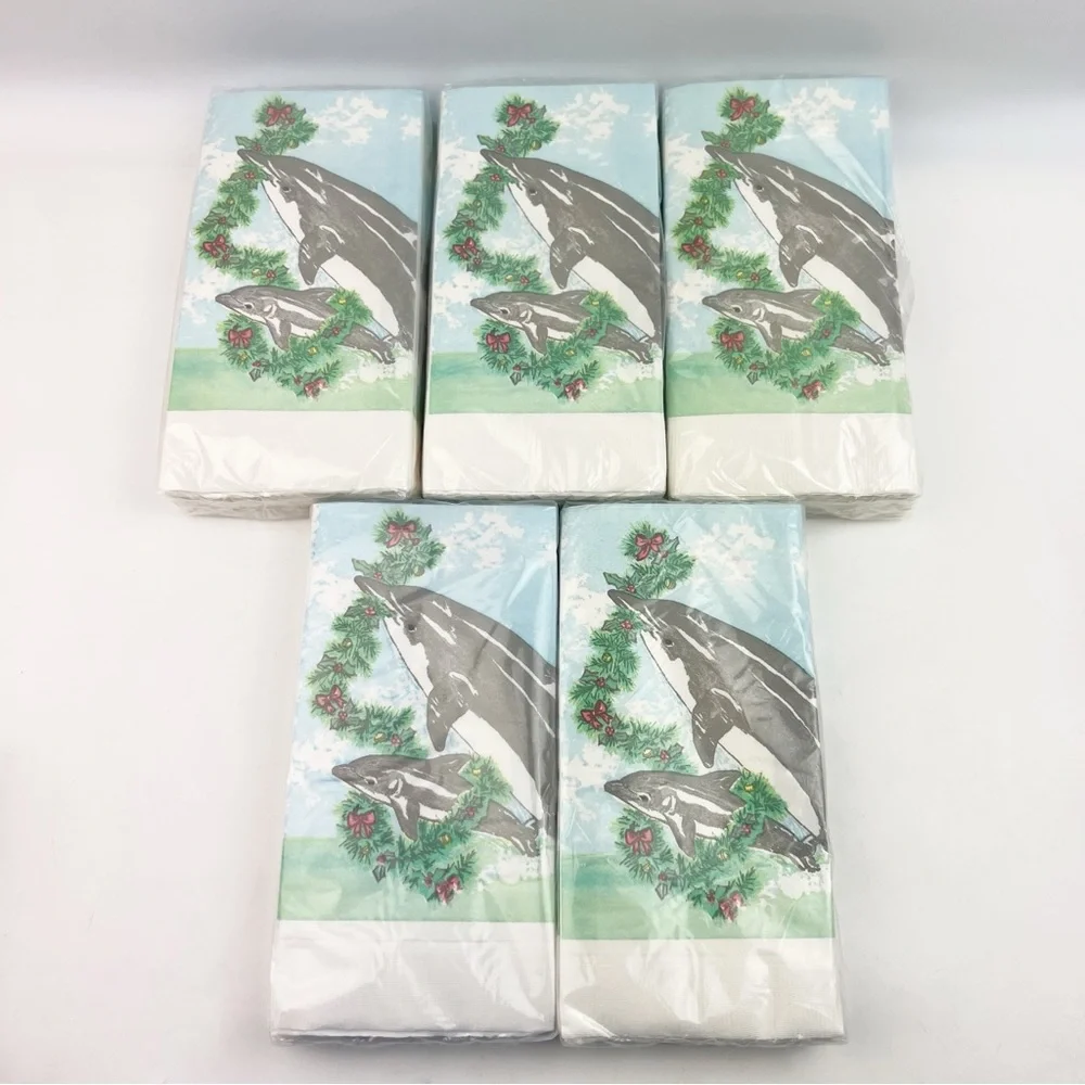 5 Pks Vtg Ganz Christmas Holiday Paper Guest Towels Dolphins Ocean Wreath Holly